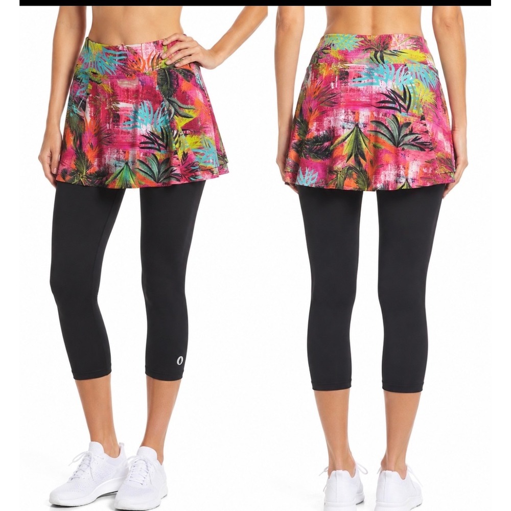 Dona Jo Tropical Palm Print Skirted Capri Leggings Black Size 1 Small